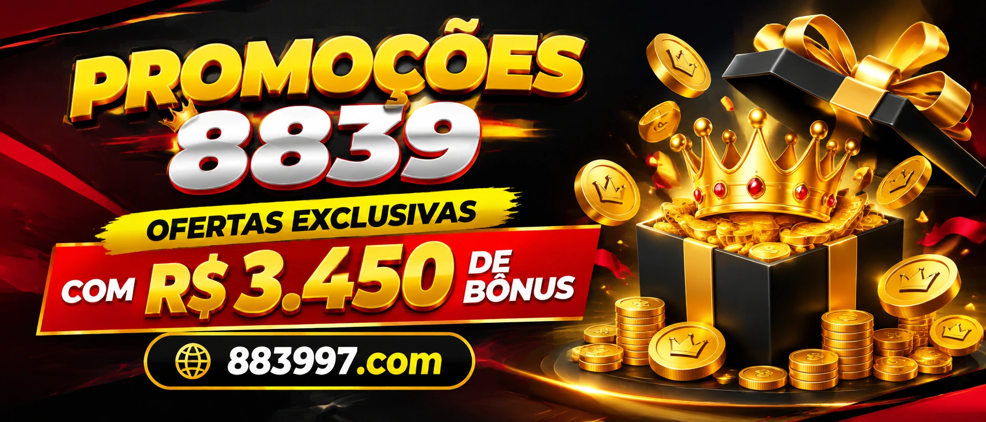 Tela promocional da 883997 com destaque para ofertas e bônus de boas-vindas